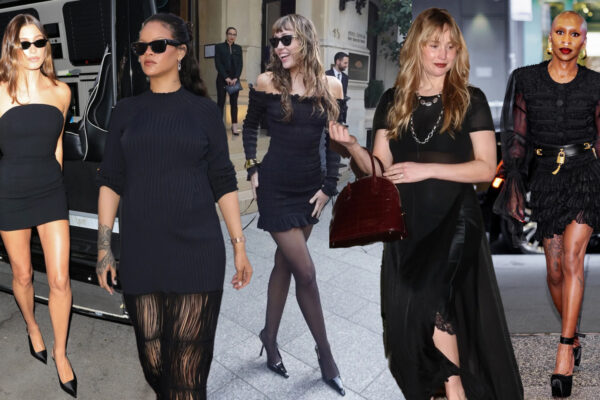 a collage of hailey bieber, rihanna, miley cyrus, jennifer lawrence, and cynthia erivo wearing little black dresses