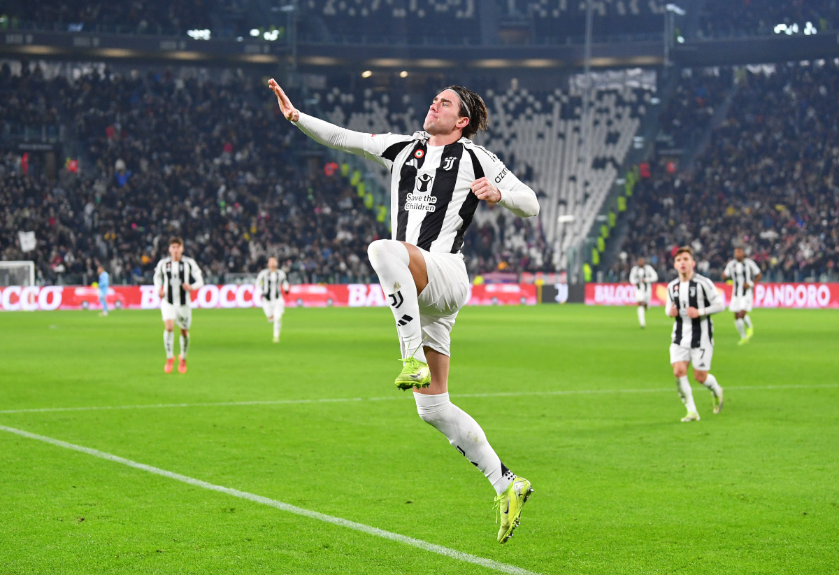 TURIN, ITALY - DECEMBER 17: Dusan Vlahovic of Juventus celebrates scoring his team