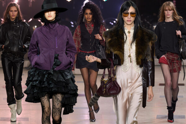 collage of indie sleaze trend on Fall 2025 runways