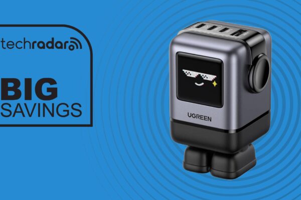 UGreen Uno Charger 100W on blue background next to the words 'TechRadar: big savings'