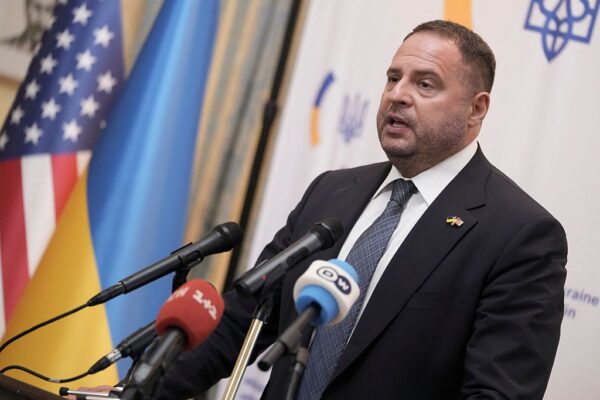 Ukrainian Presidential Office Head Andriy Yermak speaks during a news conference at the Ukrainian Embassy in Washington, D.C