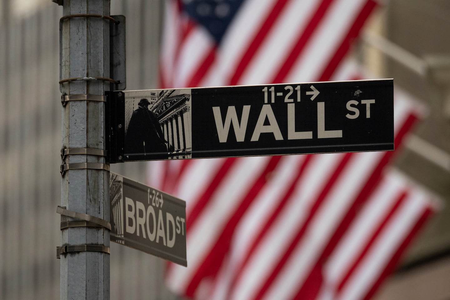 A Wall Street sign hangs near to the New York Stock Exchange on June 18 in New York.