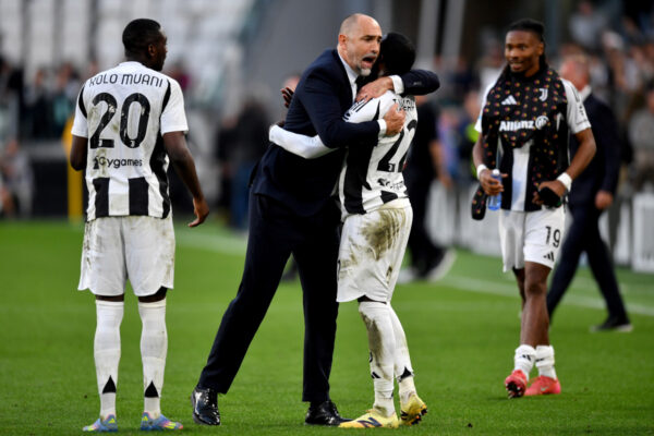 TURIN, ITALY - APRIL 27: Igor Tudor, Head Coach of Juventus, embraces Timothy Weah following 2-0 victory after the Serie A match between Juventus and Monza at Allianz Stadium on April 27, 2025 in Turin, Italy. (Photo by Valerio Pennicino/Getty Images)