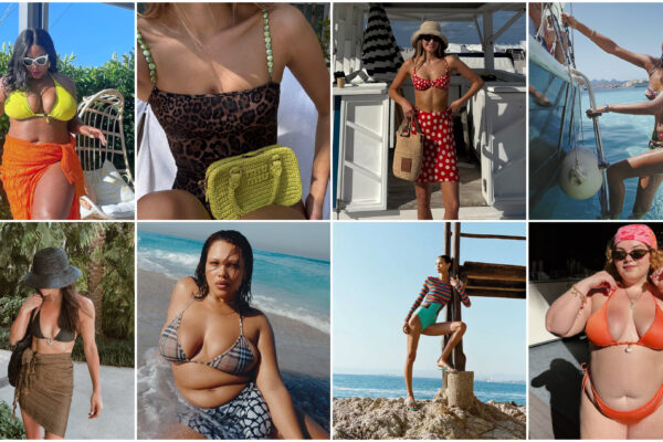 a collage of women wearing the 2025 swimwear trends