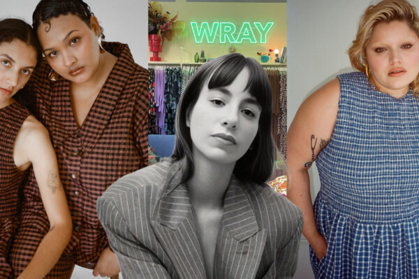 the designer Wray Serna surrounded by models of her clothing