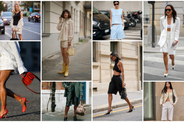 A collage of women wearing linen shorts