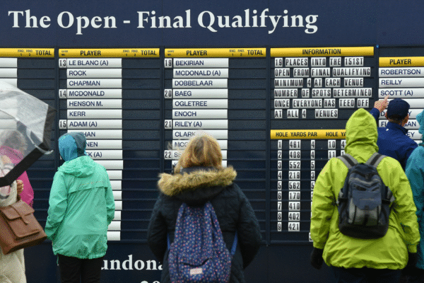 Fans look at a leaderboard