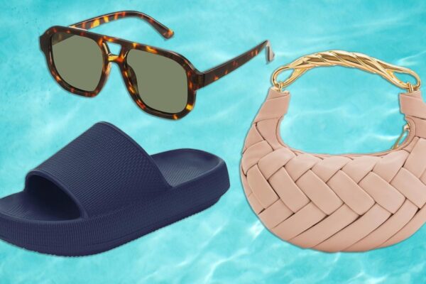 pair of slippers, a crescent-shaped bag, and aviator sunglasses over a background of pool water