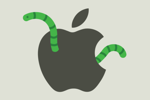 the standard apple logo in silver, with a cartoonish green worm poking through it on each side