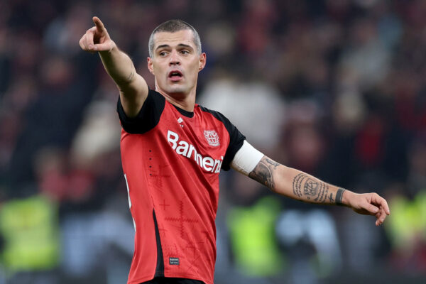 LEVERKUSEN, GERMANY - JANUARY 14: Granit Xhaka of Bayer 04 Leverkusen gestures during the Bundesliga match between Bayer 04 Leverkusen and 1. FSV Mainz 05 at BayArena on January 14, 2025 in Leverkusen, Germany. (Photo by Lars Baron/Getty Images)