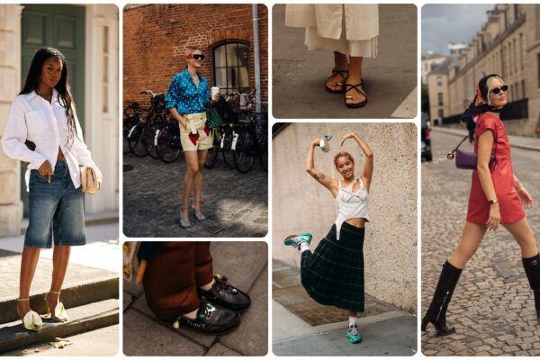 a collage of women wearing summer trends, including denim bermuda shorts, polka dots, boat shoes, plaid, and toe ring sandals