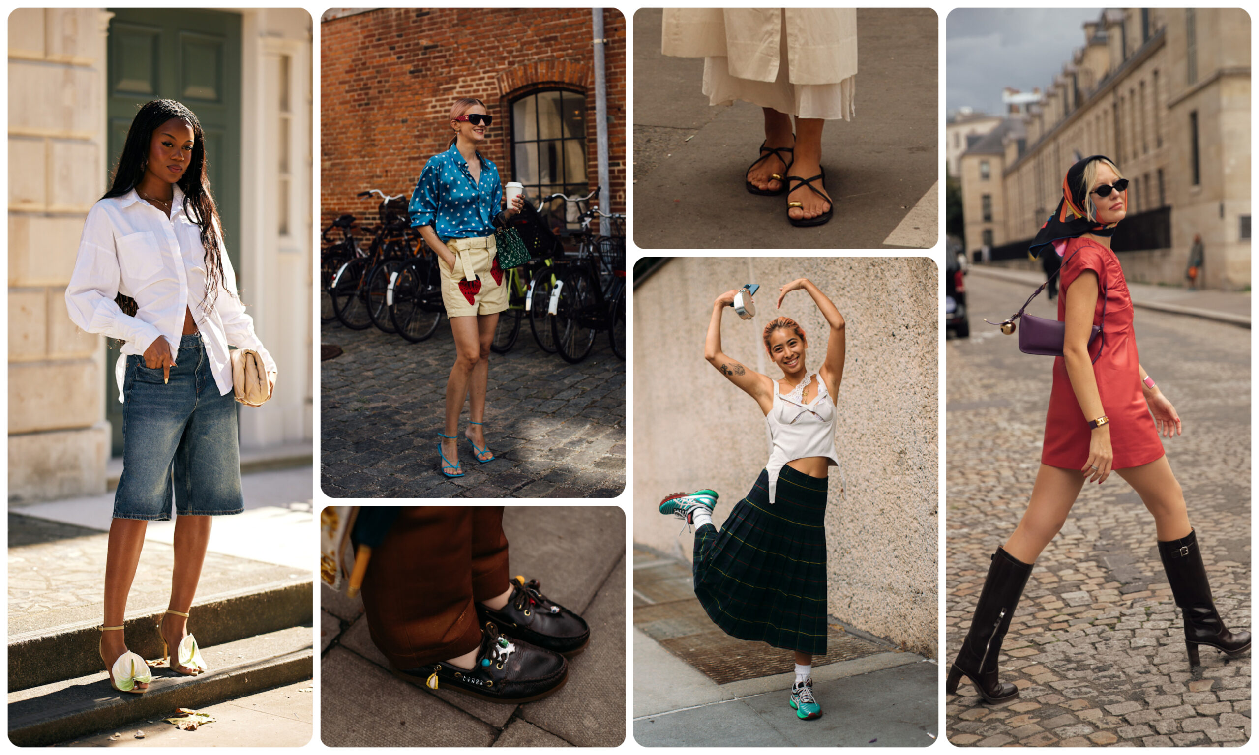a collage of women wearing summer trends, including denim bermuda shorts, polka dots, boat shoes, plaid, and toe ring sandals