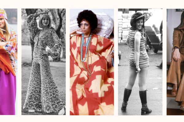 Top 70s fashion trends, including bellbottom jeans, micro-shorts, trouser suits and headbands