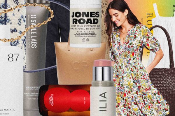 collage of summer fashion and beauty essentials