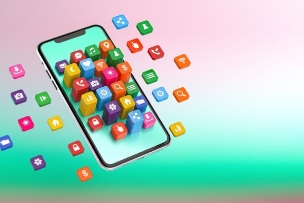 Illustration of a phone overflowing with block icons of apps.