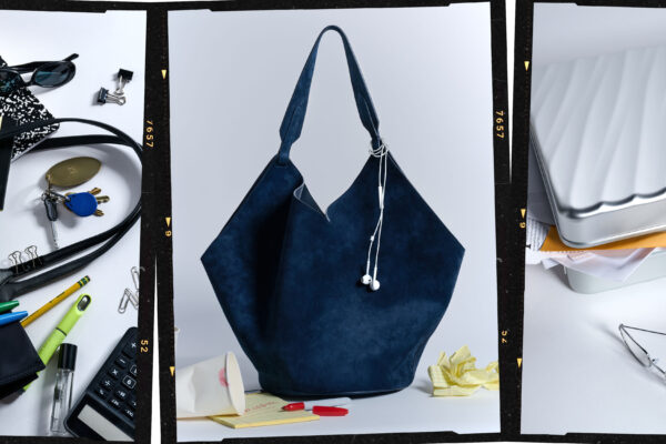 A collage of work bags, including a black bag, blue tote bag, and silver briefcase