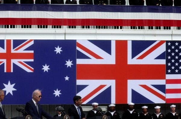 From left: Australian prime minister Anthony Albanese, former US president Joe Biden and former UK PM Rishi Sunak discuss the Aukus pact in San Diego in 2023