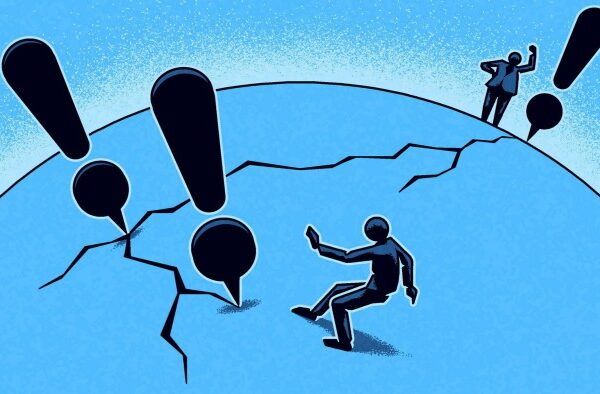 Illustration of two figures examining three exclamation marks that are pinned at a large crack on the globe