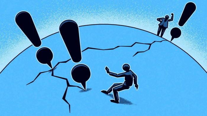 Illustration of two figures examining three exclamation marks that are pinned at a large crack on the globe