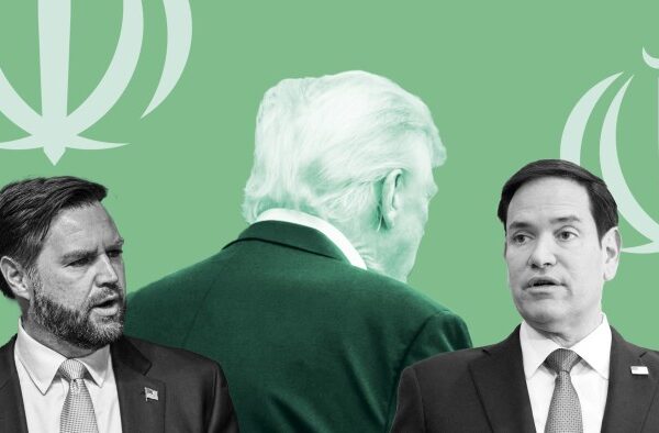 A montage of JD Vance, Donald Trump and Marco Rubio with the emblem of the Iranian flag, four crescents and a sword, in the background
