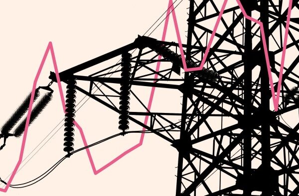 Montage shows electricity pylon with data line