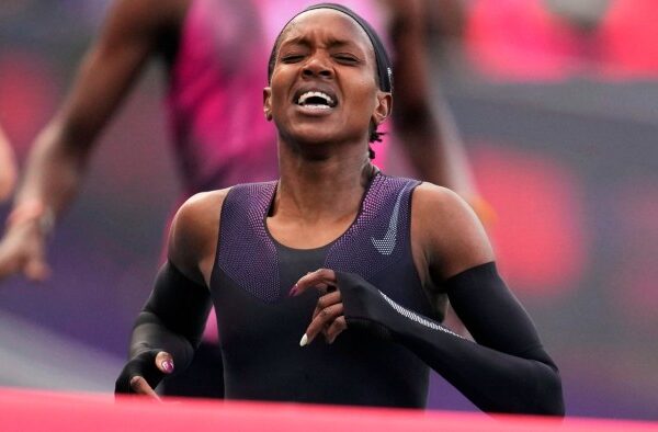 Faith Kipyegon, who wears Nike, approaches the finish line in her attempt to become the first woman to run a mile in under four minutes, at Stade Charlety in Paris on June 26 2025