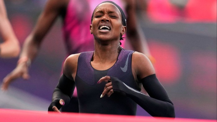 Faith Kipyegon, who wears Nike, approaches the finish line in her attempt to become the first woman to run a mile in under four minutes, at Stade Charlety in Paris on June 26 2025