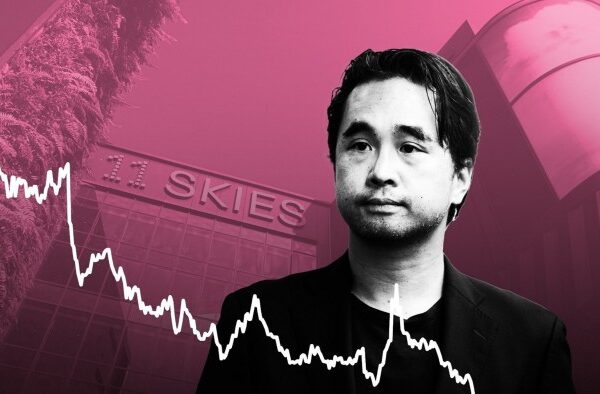 Adrian Cheng is seen in front of the 11 Skies retail and commercial project building, with a financial chart overlayed on the image. The background is tinted pink.