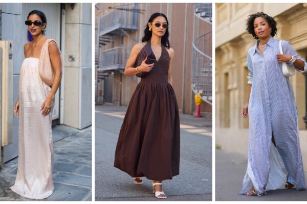 collage of women wearing linen dresses