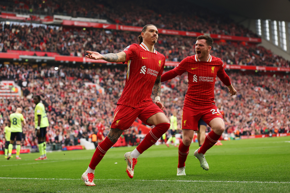 LIVERPOOL, ENGLAND - MARCH 08: Darwin Nunez of Liverpool celebrates scoring his team