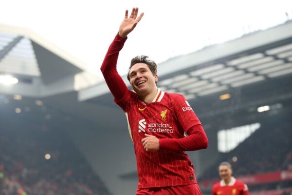 LIVERPOOL, ENGLAND - JANUARY 11: Federico Chiesa of Liverpool celebrates scoring his sides 4th goal during the Emirates FA Cup Third Round match between Liverpool and Accrington Stanley at Anfield on January 11, 2025 in Liverpool, England. (Photo by Jan Kruger/Getty Images)
