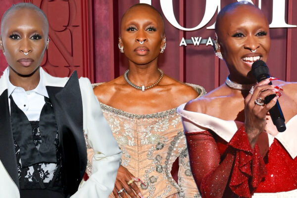 a collage of Cynthia Erivo hosting the 2025 Tony Awards in a range of designer outfits