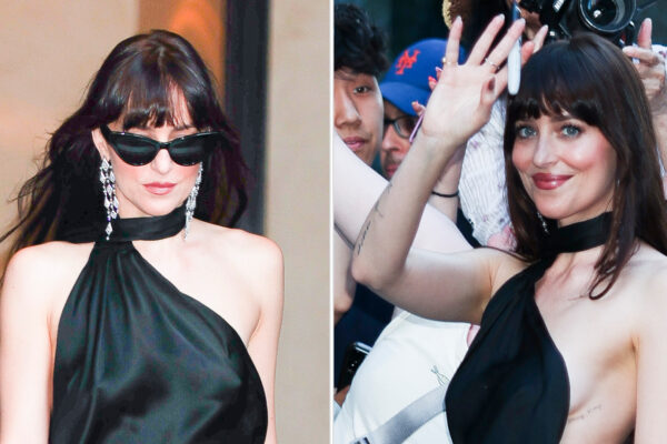 Dakota Johnson wears a black asymmetrical Gucci gown for The Materialists premiere