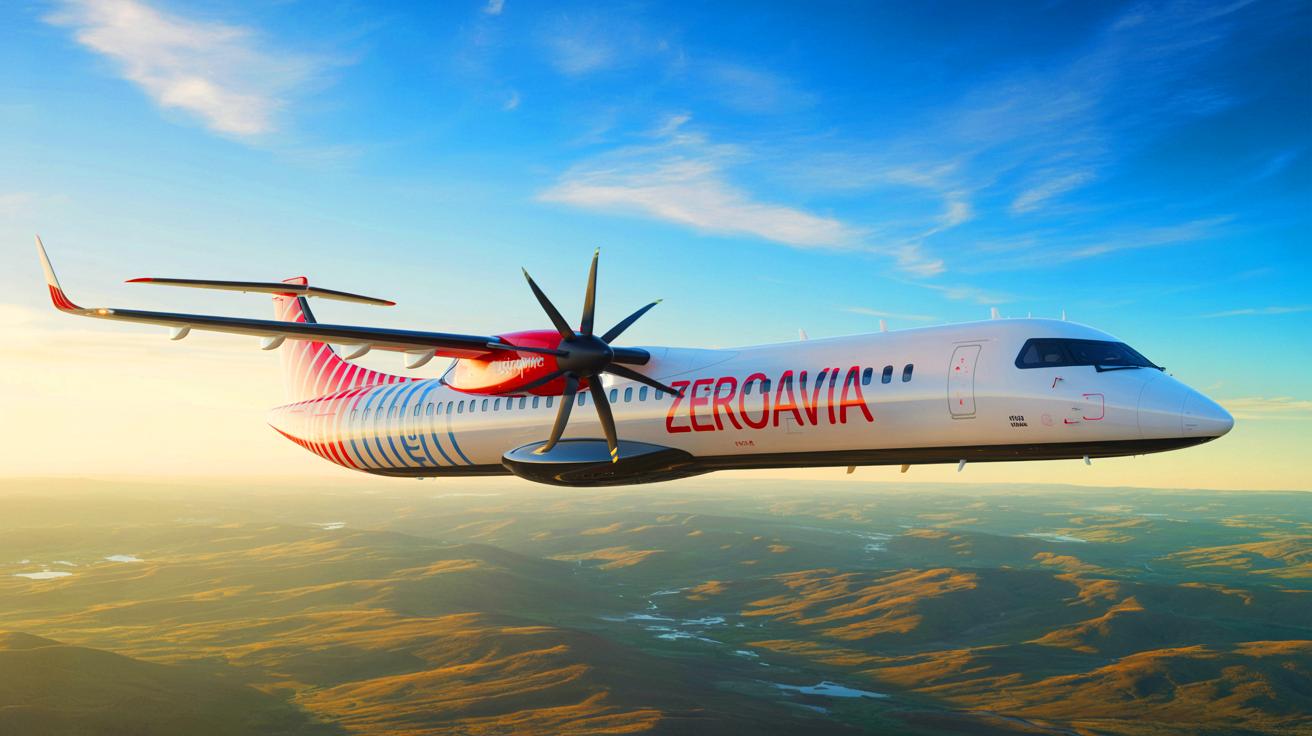 Illustration of LoganAir's aircraft equipped with ZeroAvia's hydrogen-electric engines in flight. Image generated by AI.