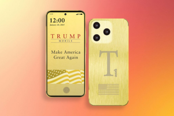 Front and back of mobile phones showing Trump Mobile and T1 logos