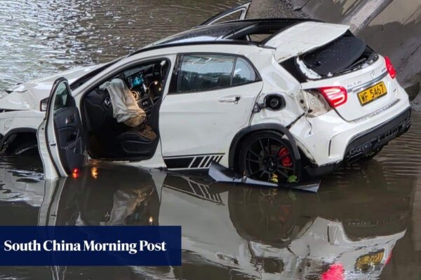 Crashed Mercedes-Benz car found abandoned in Hong Kong drainage channel Crashed Mercedes-Benz car found abandoned in Hong Kong drainage channel