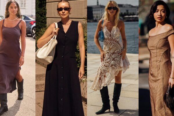 collage of women wearing transitional dresses