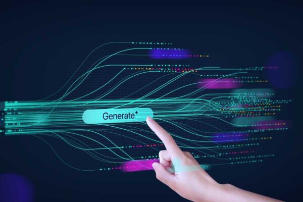 A hand showing AI tech with generative AI concept, artificial intelligence, cyber security, digital transformation, binary number background