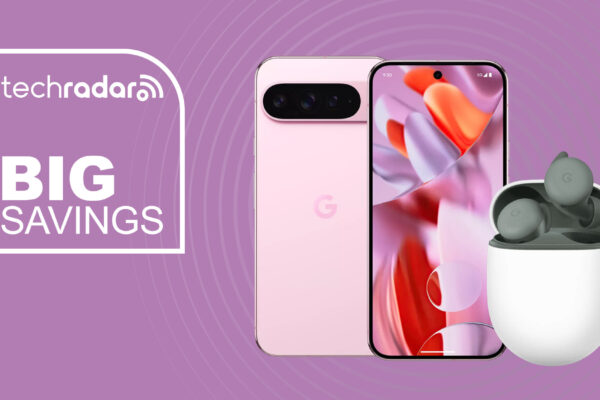 Google Pixel 9 Pro XL and Google Buds Series A on purple background with big savings text overlay