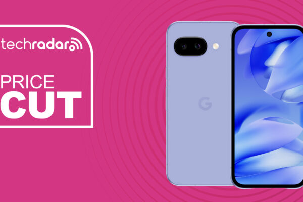 The Google Pixel 9a on a pink background. Text reads: Price Cut
