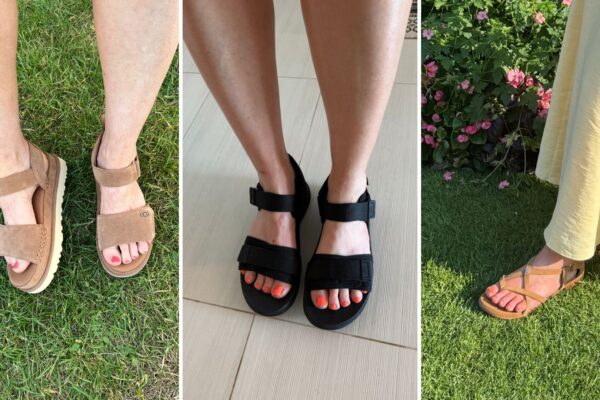 Three close up images of feet in women's sandals
