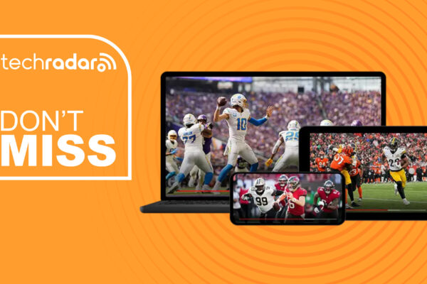 Tablet, phone, and computer displaying NFL games on orange background with don't miss text overlay