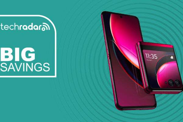 The Motorola Razr Plus on a cyan background. Text reads: Big savings