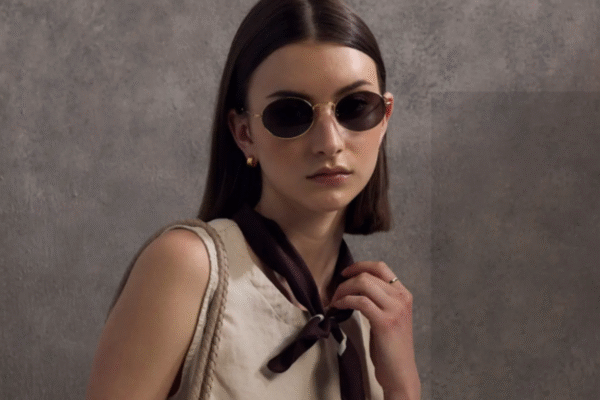 woman wearing oval sunglasses and a tan top.