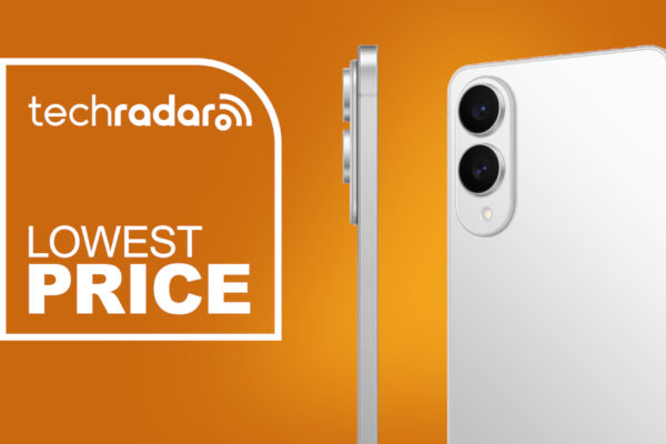 The Samsung Galaxy S25 Edge on an orange deals background