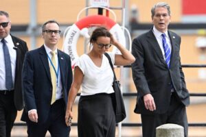 U.S. treasury secretary Scott Bessent, right, walks outside Rosenbad ahead of trade talks between the U.S. and China in Stockholm, Sweden, Tuesday July 29, 2025. (Fredrik Sandberg/TT News Agency via AP)