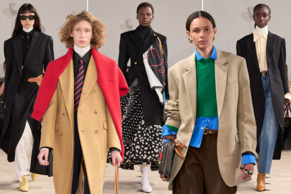 five models on the Celine Spring 2026 runway wearing Michael Rider's Celine designs