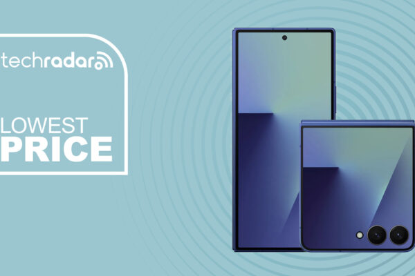 Samsung Galaxy Z Fold 7 and Flip 7 on blue background with lowest price text overlay