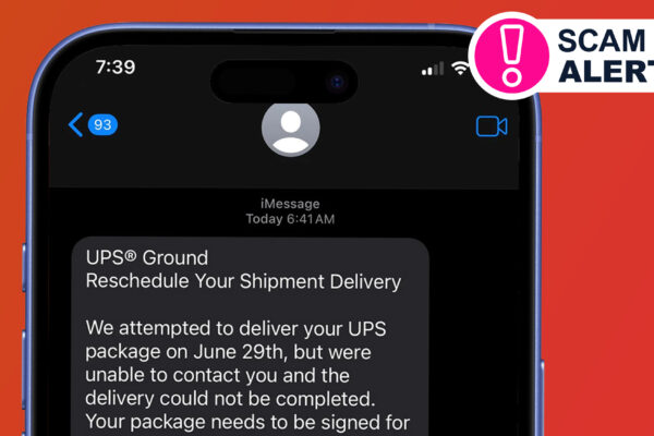 A phone on a red background showing a scam UPS text