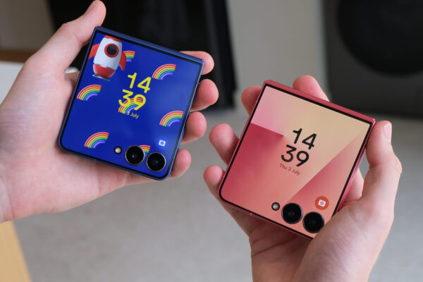 The Samsung Galaxy Z Flip 7 in Blue Shadow and Coral